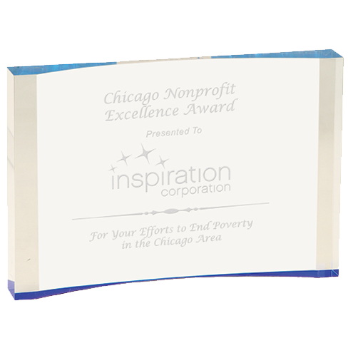 engraved acrylic award with a blue tint